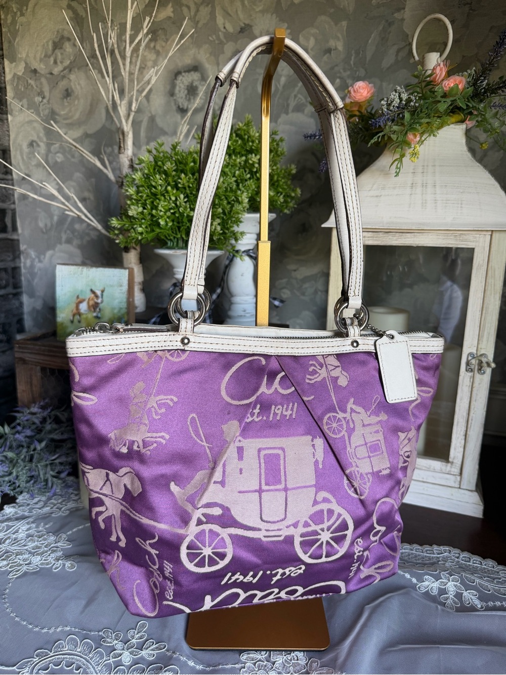 Coach 2010 Purple Signature Satin Horse Carriage Print Tote Bag Purse F14482